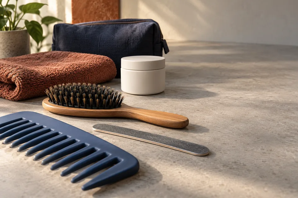 An unbranded comb, brush, moisturizer jar, towel and pouch sit on a sunlit stone surface.