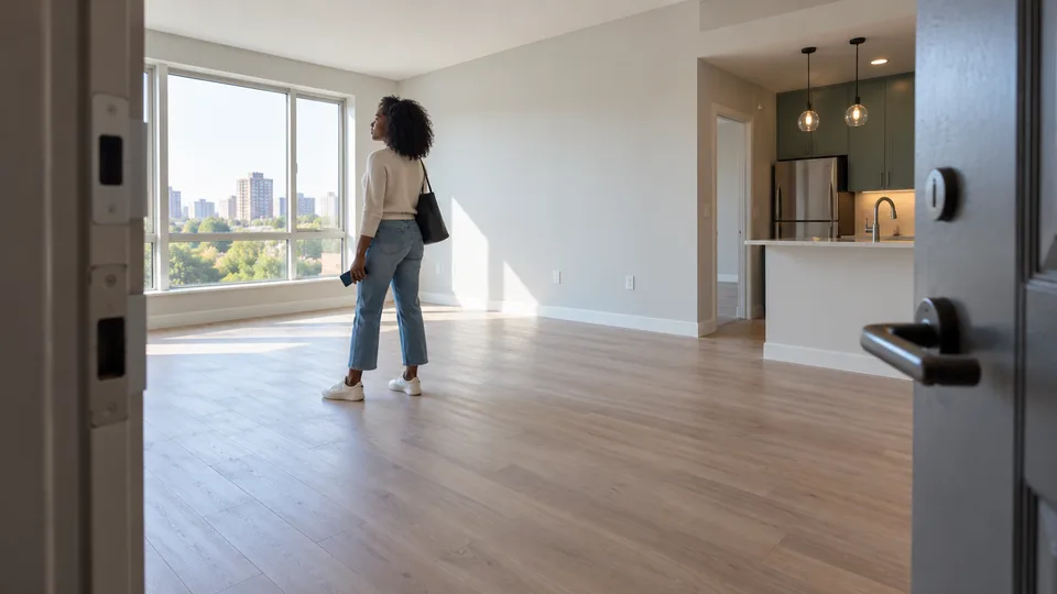 A prospective renter stands in an empty apartment and studies the light from its windows.