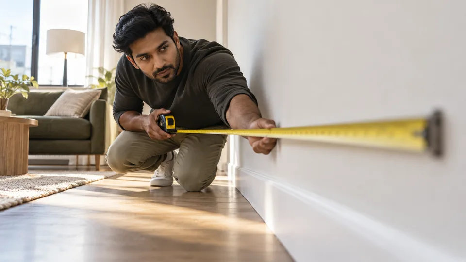 A renter stretches a tape measure along a wall to check whether furniture will fit.