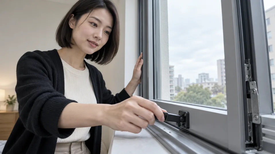 A renter tests a window latch during an apartment inspection.