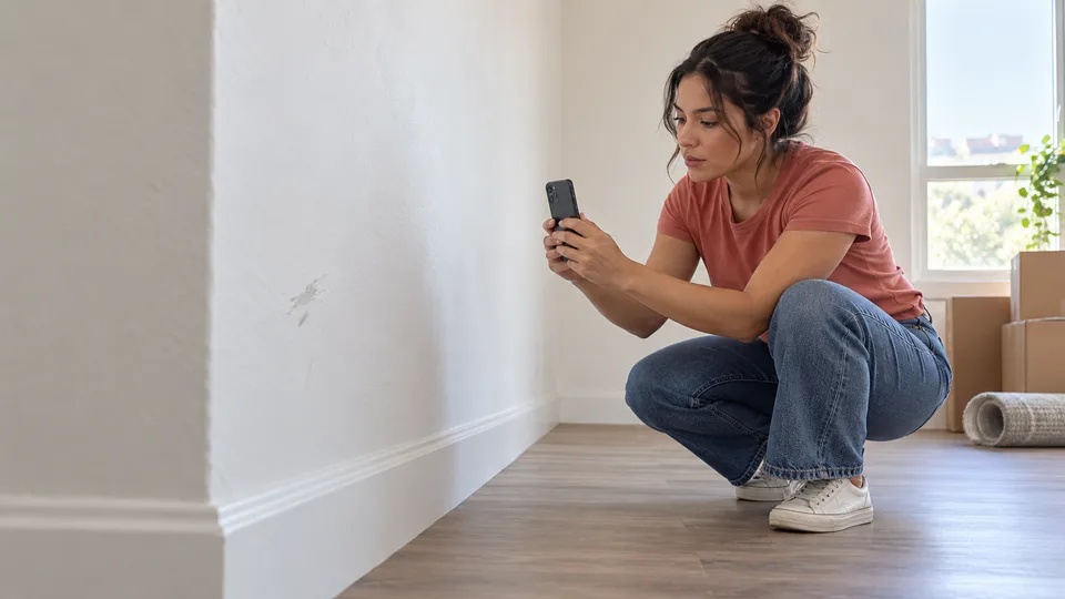 A renter photographs a small mark on an empty apartment wall before moving in.