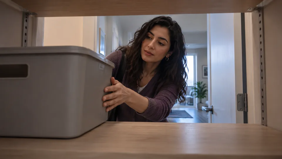 A prospective renter checks the usable depth of an apartment storage cupboard.