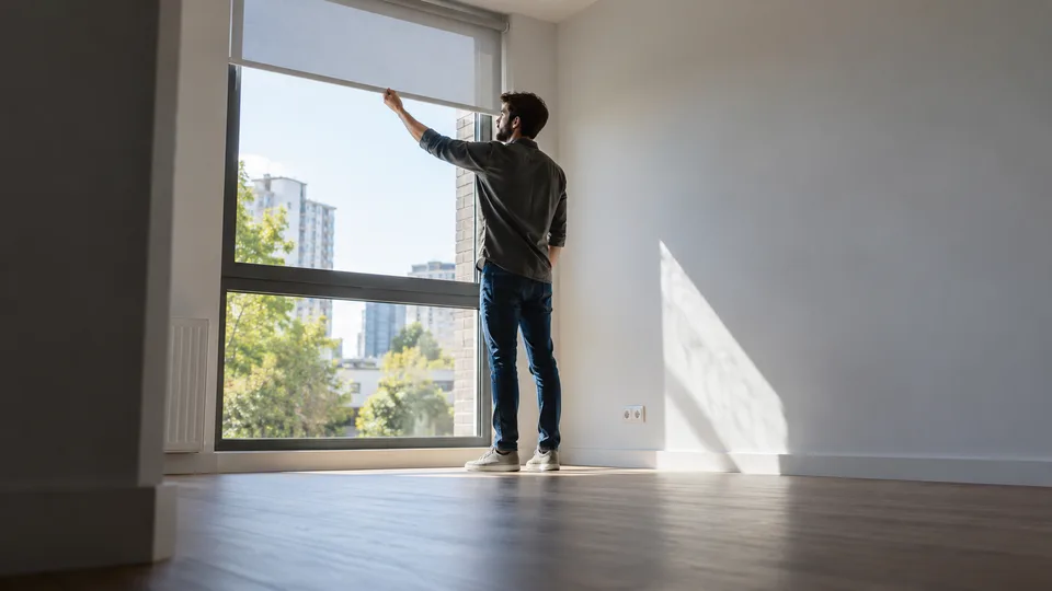 A renter lifts a window blind to assess daylight in an otherwise empty apartment.