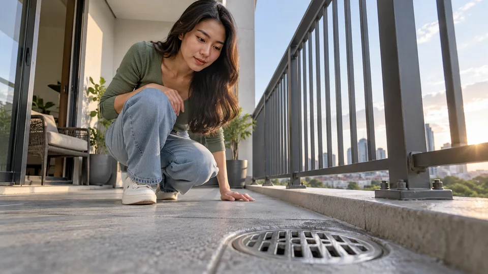A renter crouches to inspect the drain and railing on an apartment balcony.