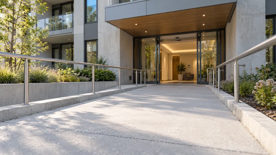 A step-free entrance with broad access and handrails leads into a modern residential building.