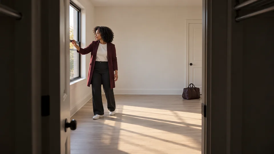 A renter checks an empty apartment window before leaving, with one travel bag by the exit.