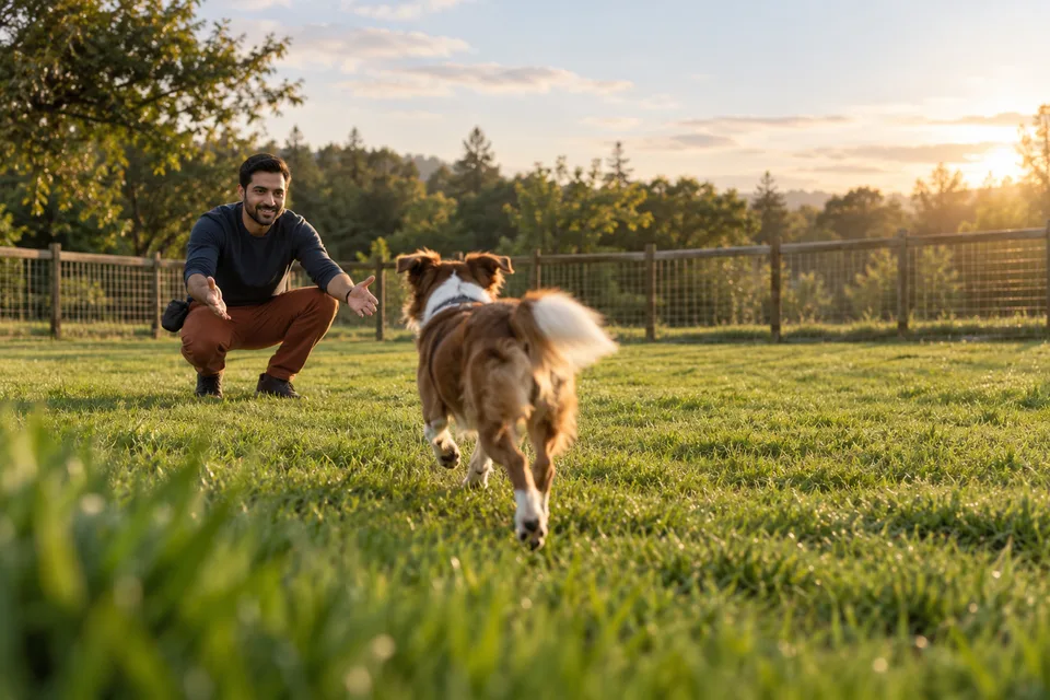 A dog runs toward its crouching owner across a safely fenced grassy area.