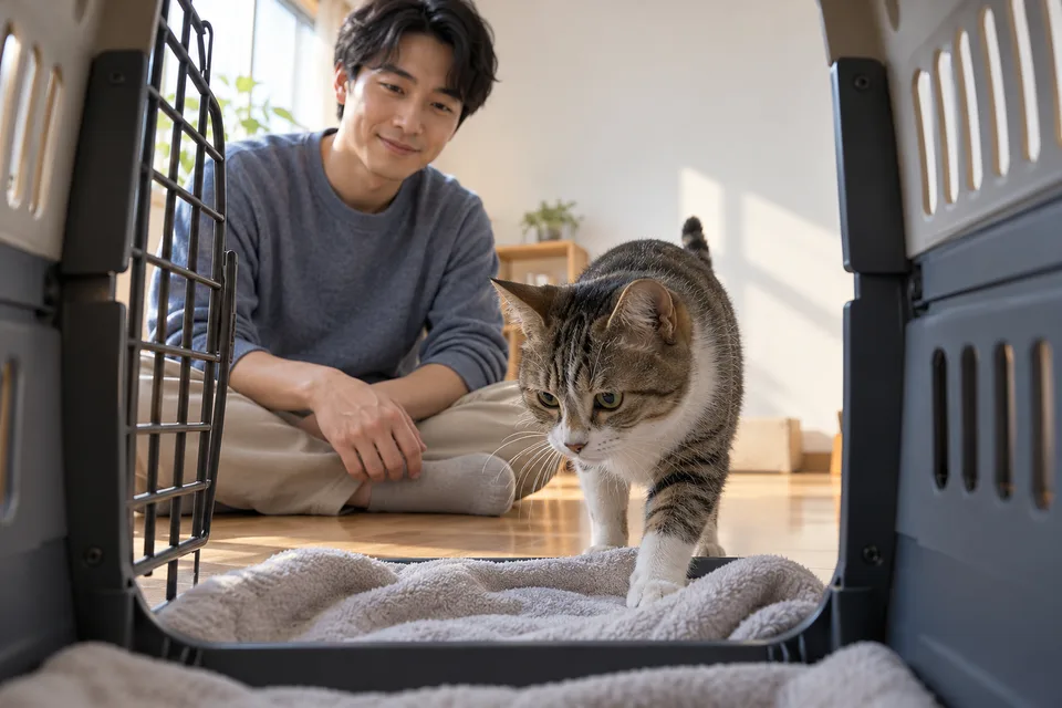 A cat explores a carrier lined with a soft blanket while its owner watches nearby.