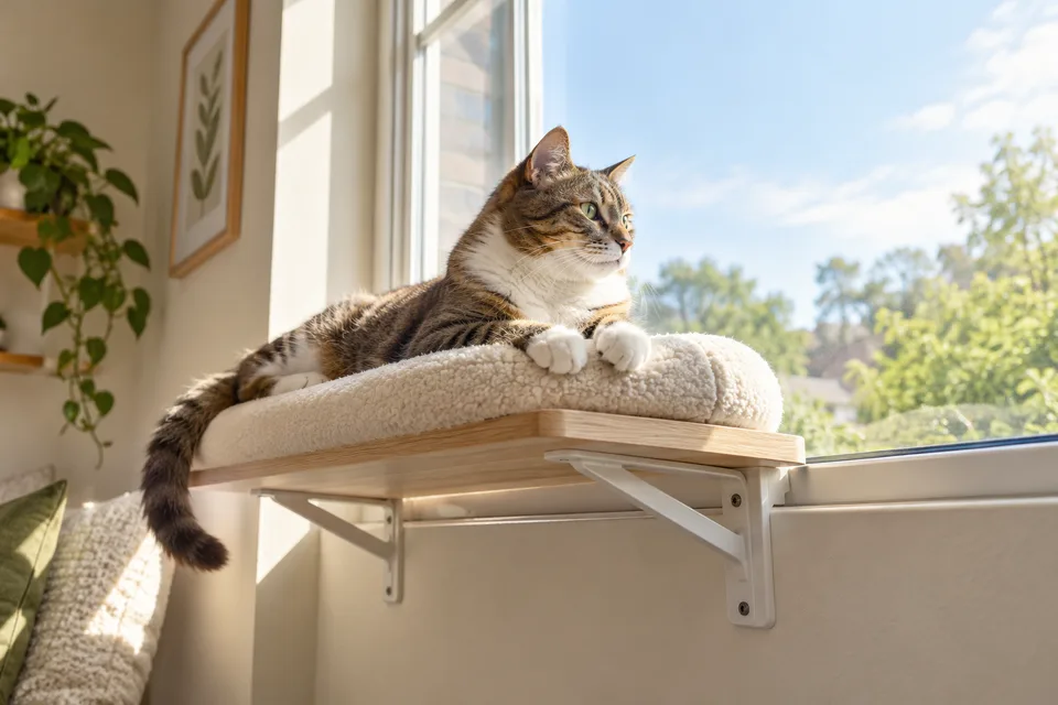 A cat rests on a securely mounted indoor window perch and watches outdoors.