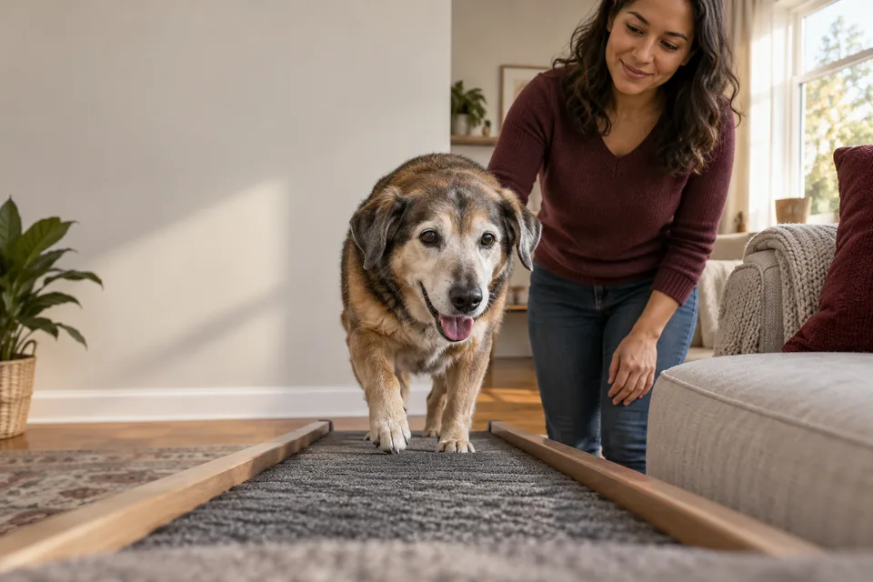 An older dog uses a stable carpeted ramp beside a sofa as its owner watches.