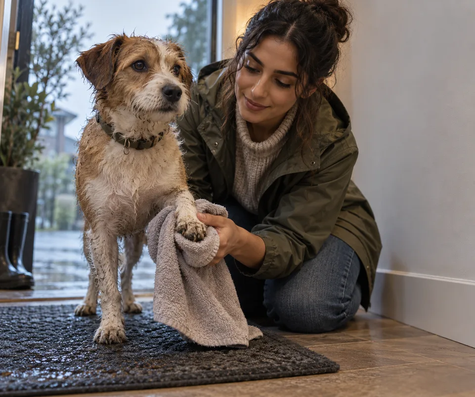A woman gently wipes a damp dog paw with a towel on an entry mat after rain.