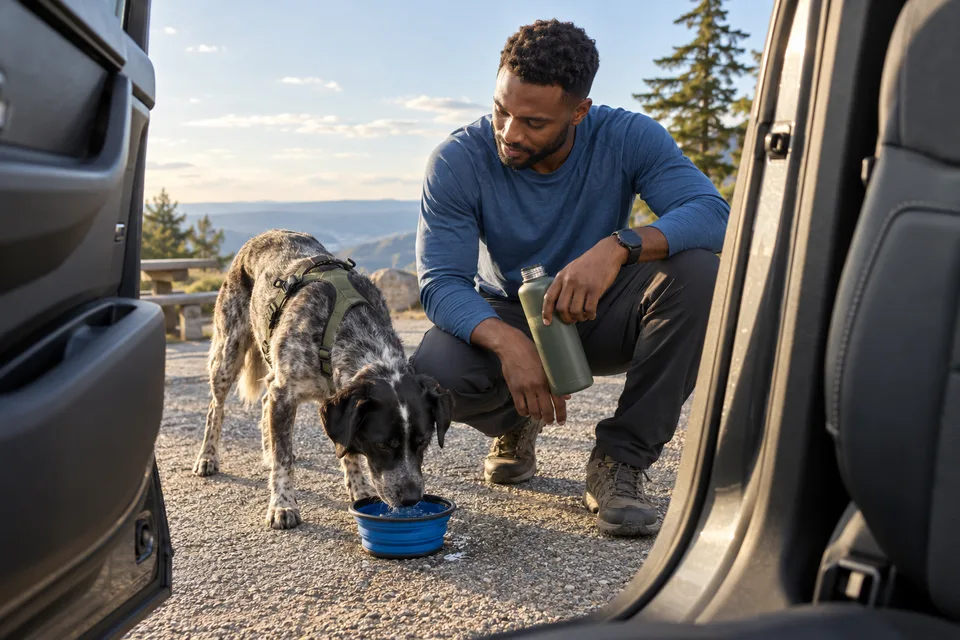 A dog drinks from a portable bowl beside a parked car while its owner holds a bottle.