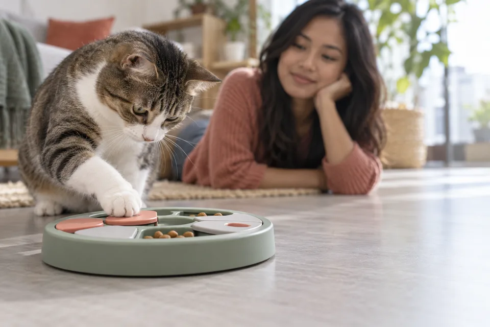 A cat moves a sliding piece on a puzzle feeder while its owner watches from the floor.