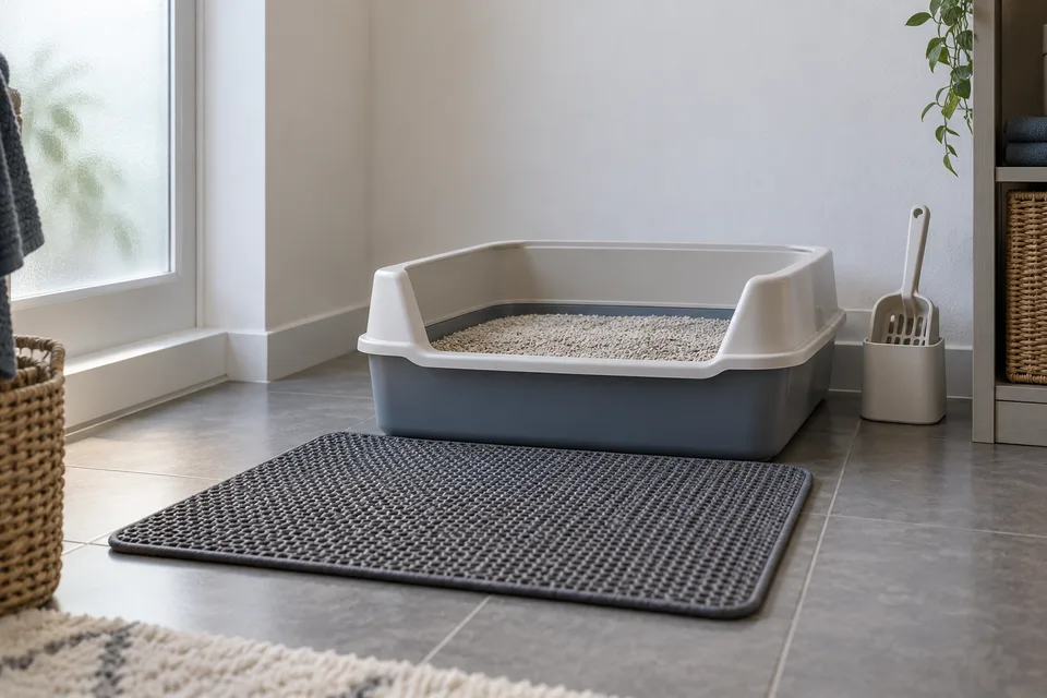 An open cat litter tray, scoop and tracking mat are arranged in a bright apartment corner.
