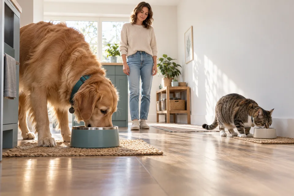 A dog and cat eat from separate bowls across a kitchen while their owner watches.