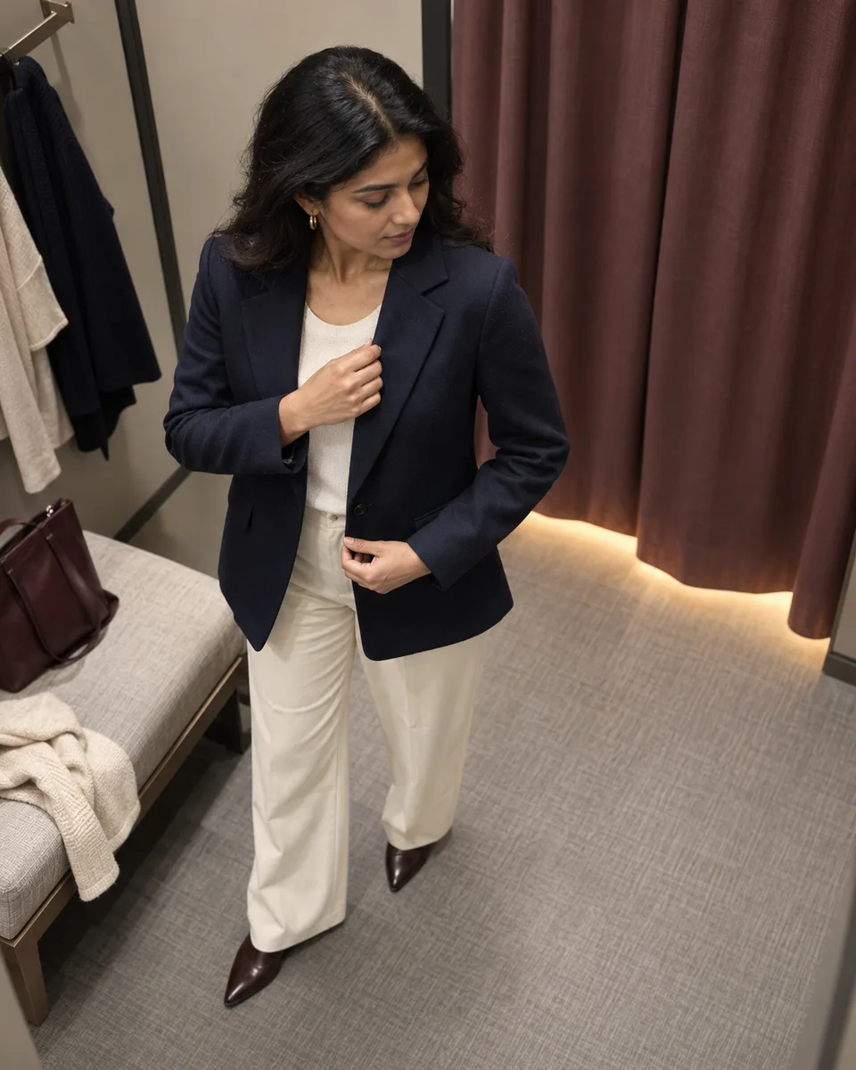 A woman checks the fit of a navy jacket in a quiet fitting room, seen from an unusually high corner angle.