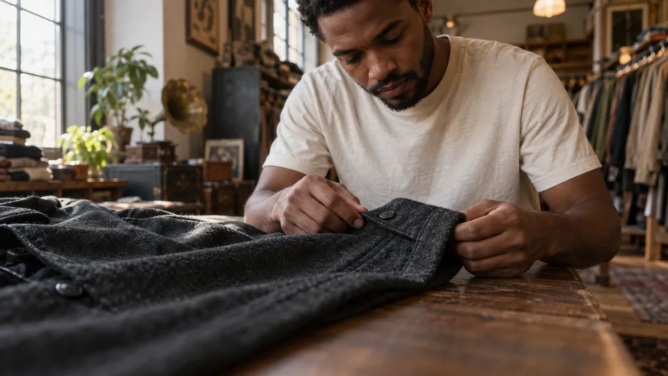 A shopper studies the cuff and fabric of a secondhand wool overshirt on a vintage-store table.