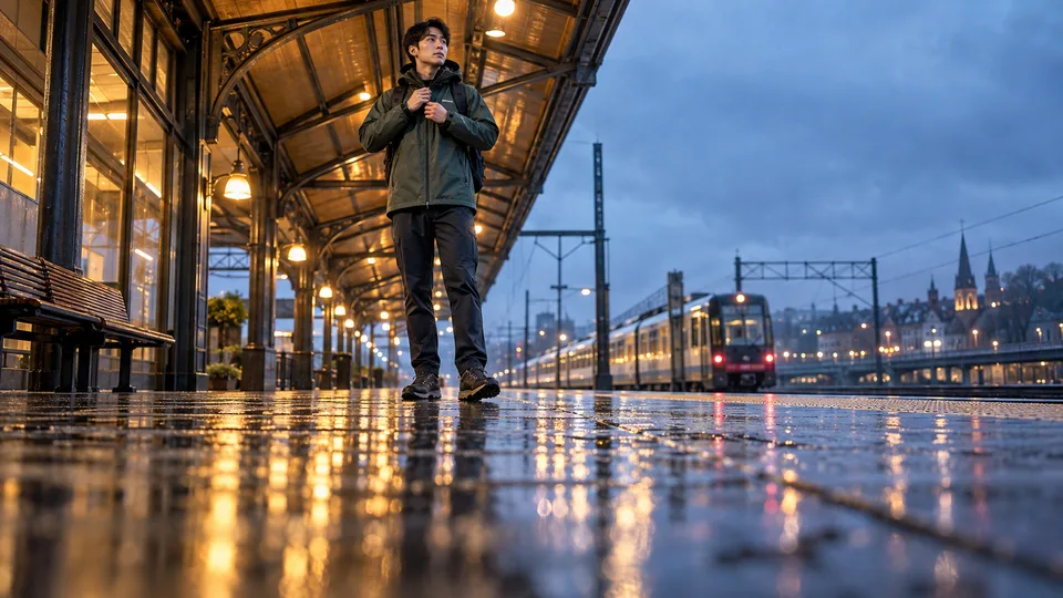 A commuter zips his rain shell beneath a station canopy while wet paving reflects the evening lights.