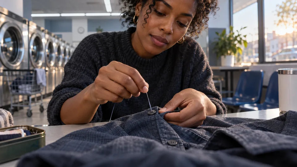 A woman sews a loose button onto an overshirt at a laundromat table, with the repair in the foreground.