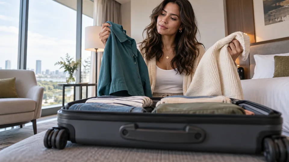 A traveler compares a teal shirt and cream knit above an open suitcase in a bright hotel room.