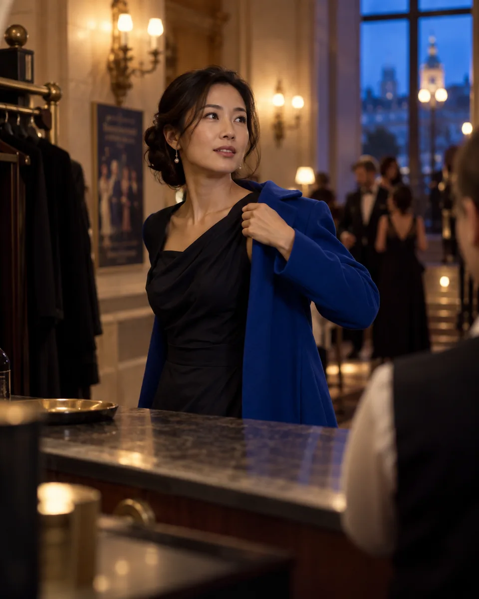 A woman slips into a vivid blue jacket in an event foyer, framed by the cloakroom counter.