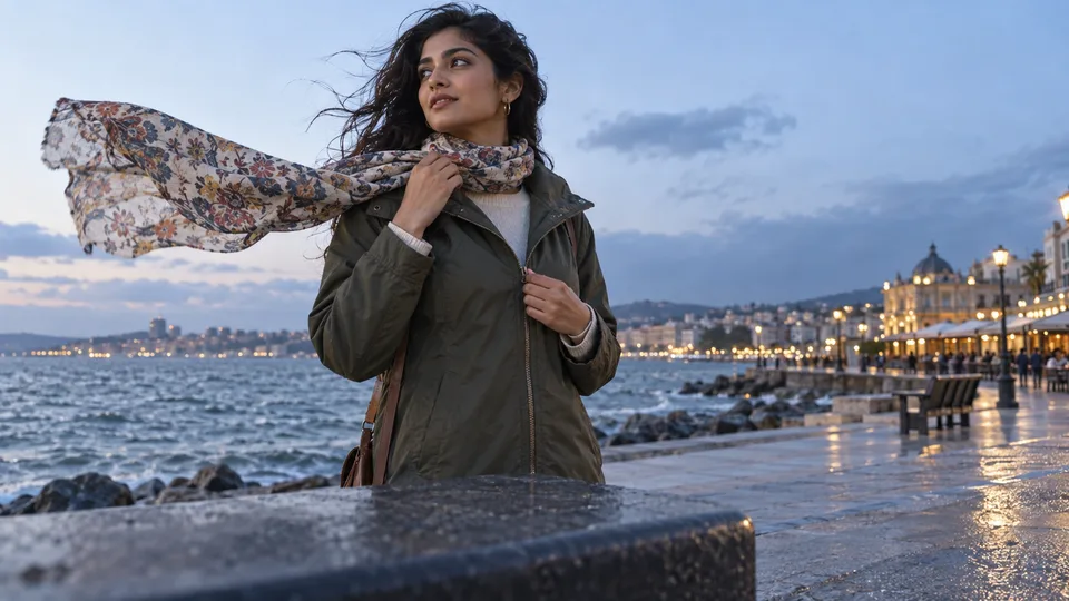A woman holds her windblown scarf and jacket zipper beside a waterfront promenade at blue hour.