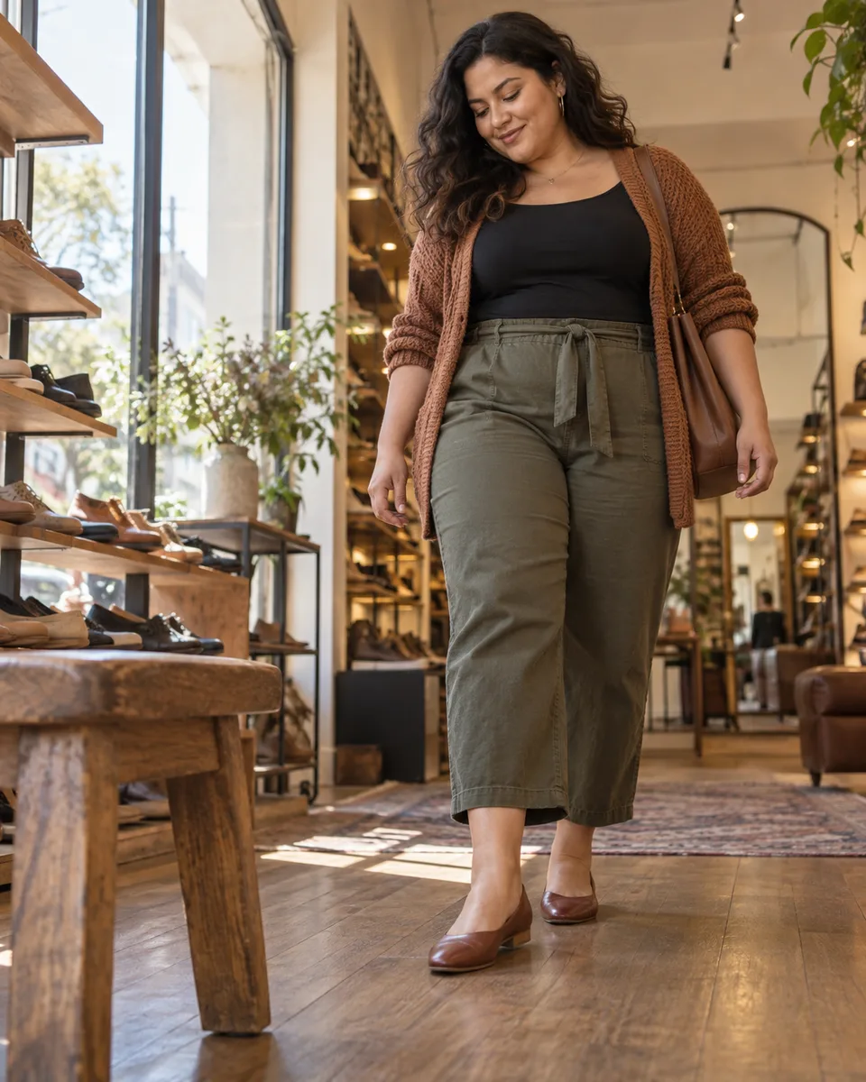 A shopper tests new brown leather flats across a small shoe store floor, viewed from stool height.