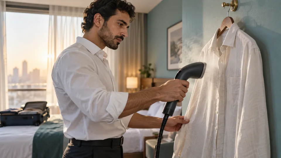 A traveler uses a handheld steamer on a linen shirt hanging in a hotel room.