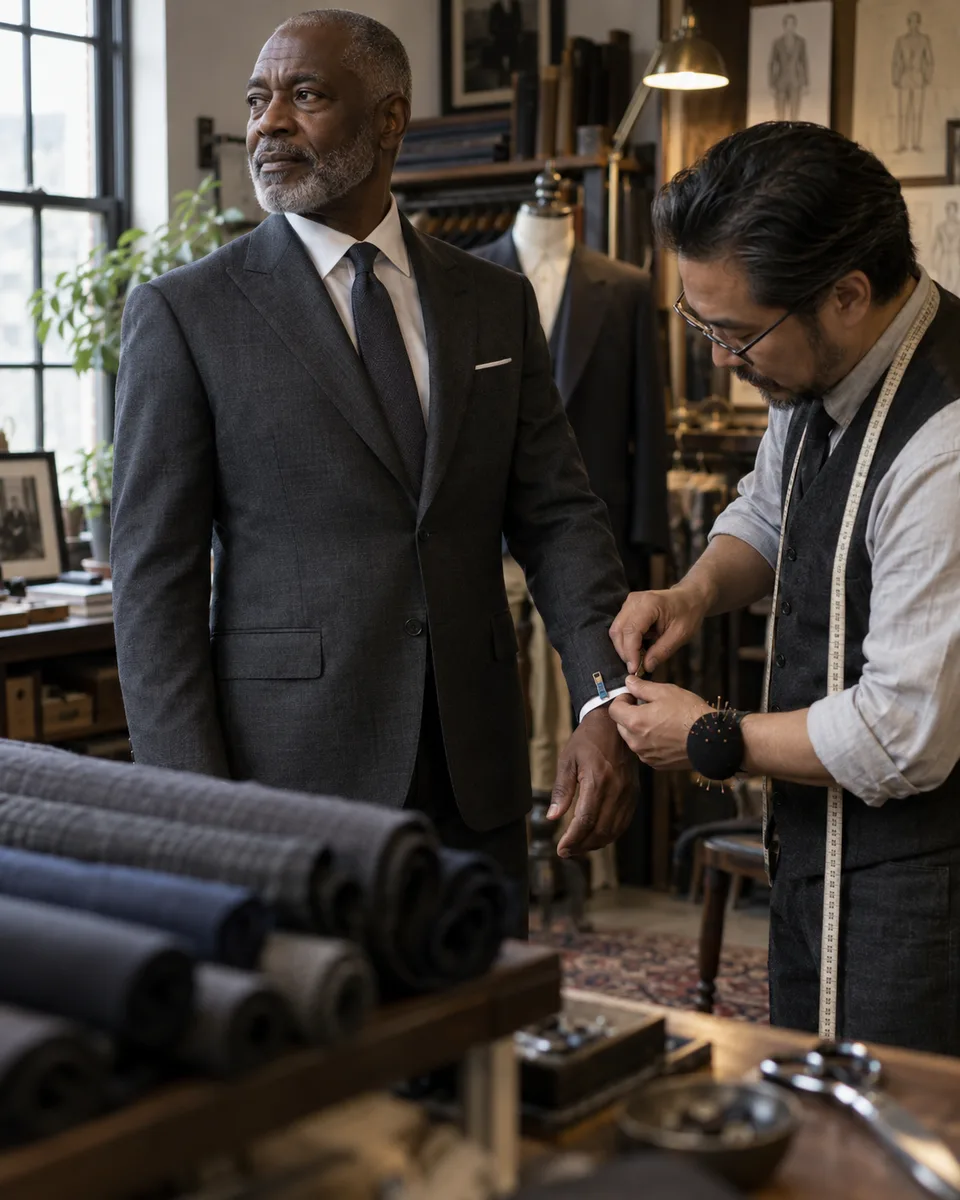 A tailor adjusts the cuff of a mature client's charcoal jacket in a small alterations studio.
