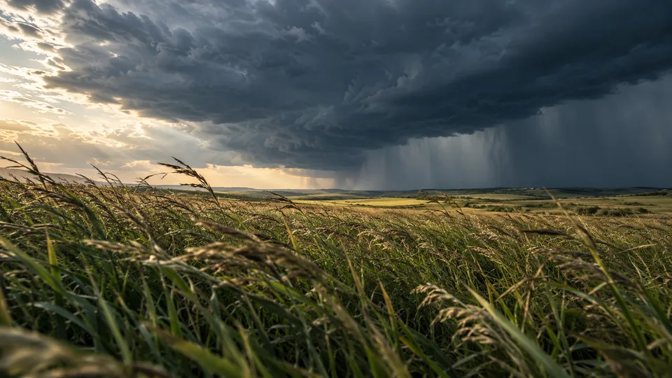 Wind bends grass beneath a dark advancing storm front with distant rain visible on the horizon.