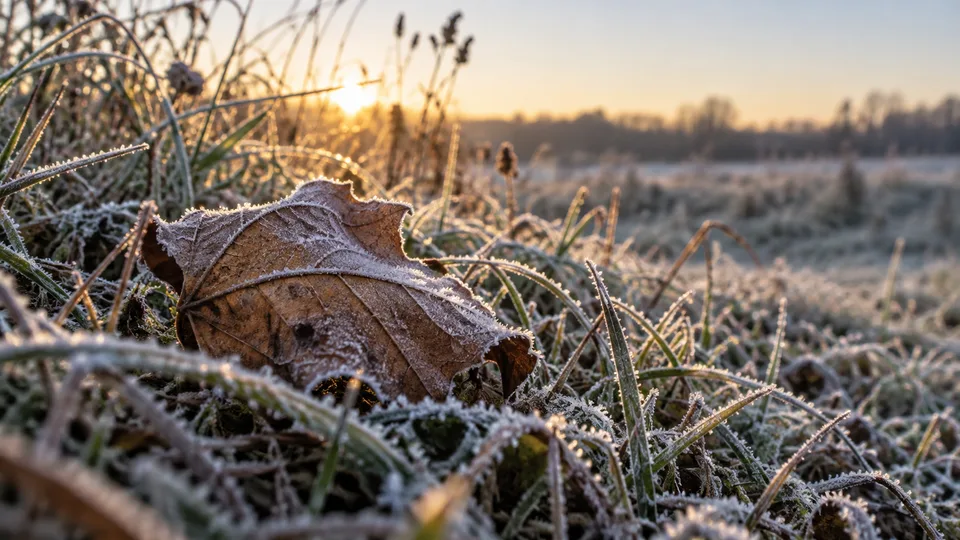 Fine frost crystals trace a fallen leaf and meadow grasses in low morning sunlight.