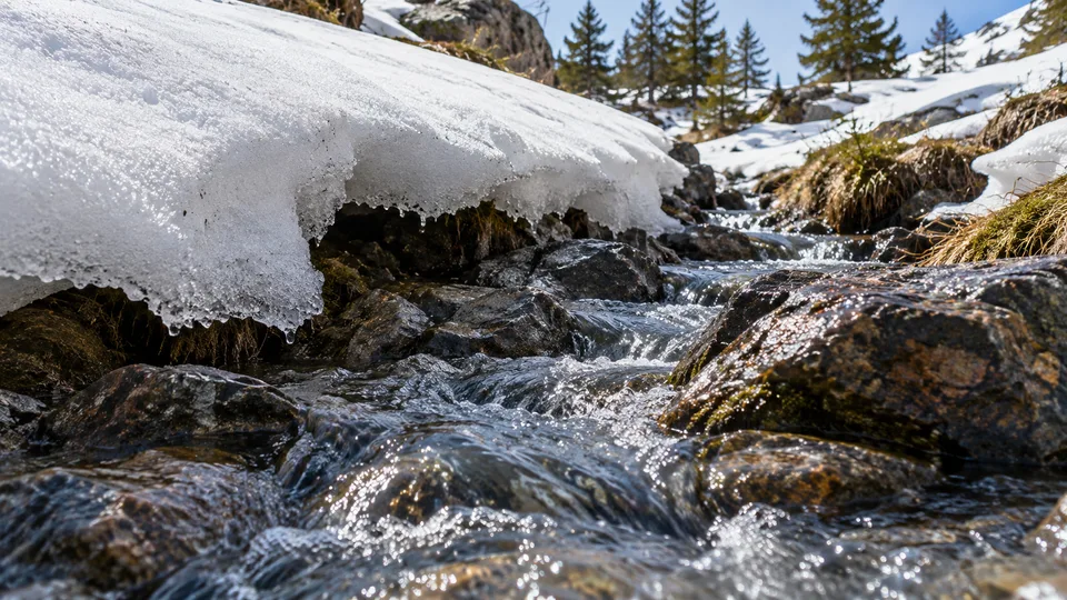 Clear mountain water flows around dark stones beneath the thinning edge of a spring snowbank.