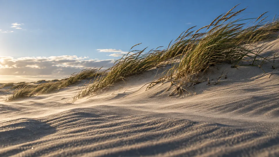 Fine sand skims over rippled coastal dunes while sparse beach grass leans with the wind.
