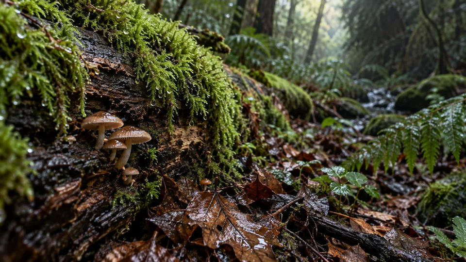 Small fungi grow from a moss-covered fallen log among wet leaves after forest rain.