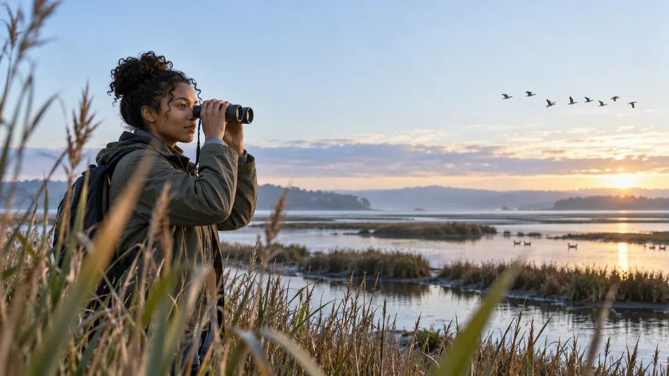 A young birdwatcher raises binoculars among estuary reeds as a distant flock crosses the morning sky.