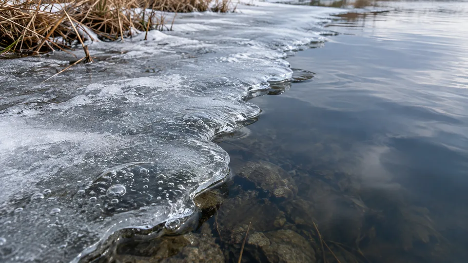 Trapped bubbles and a thin uneven ice edge meet open lake water during the spring thaw.