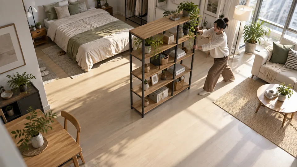 A renter shifts a freestanding open shelf between the sleeping and living areas of a studio apartment.