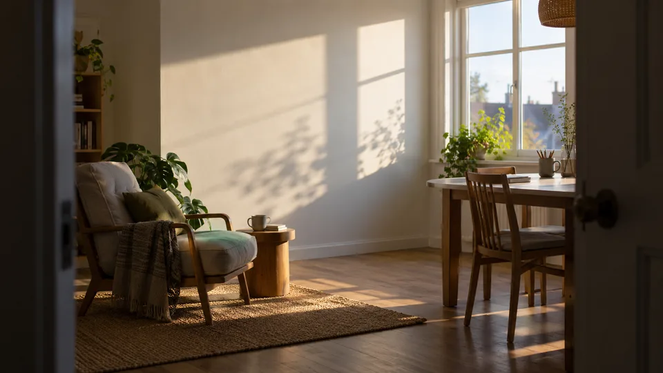 A compact room places a worktable beside its brightest window and a lounge chair in softer light.