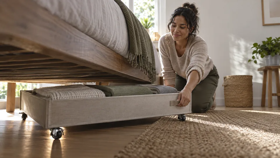 A woman pulls a shallow wheeled drawer of folded linens from beneath a low bed.
