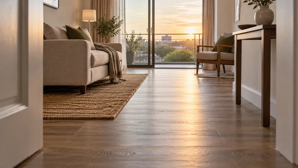 An ankle-height view follows an open walking path between a small living room entrance and balcony.