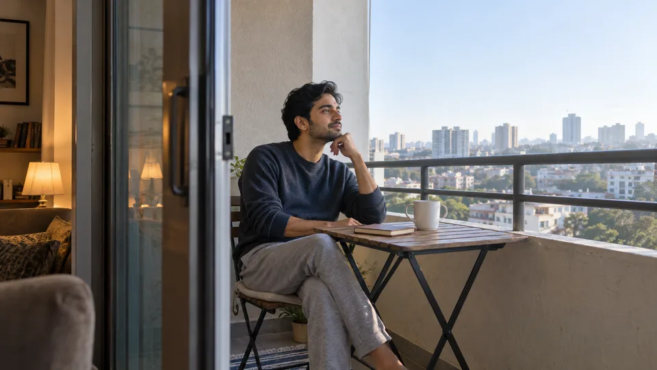 A man reads at a small folding table on an apartment balcony, viewed through the open door.