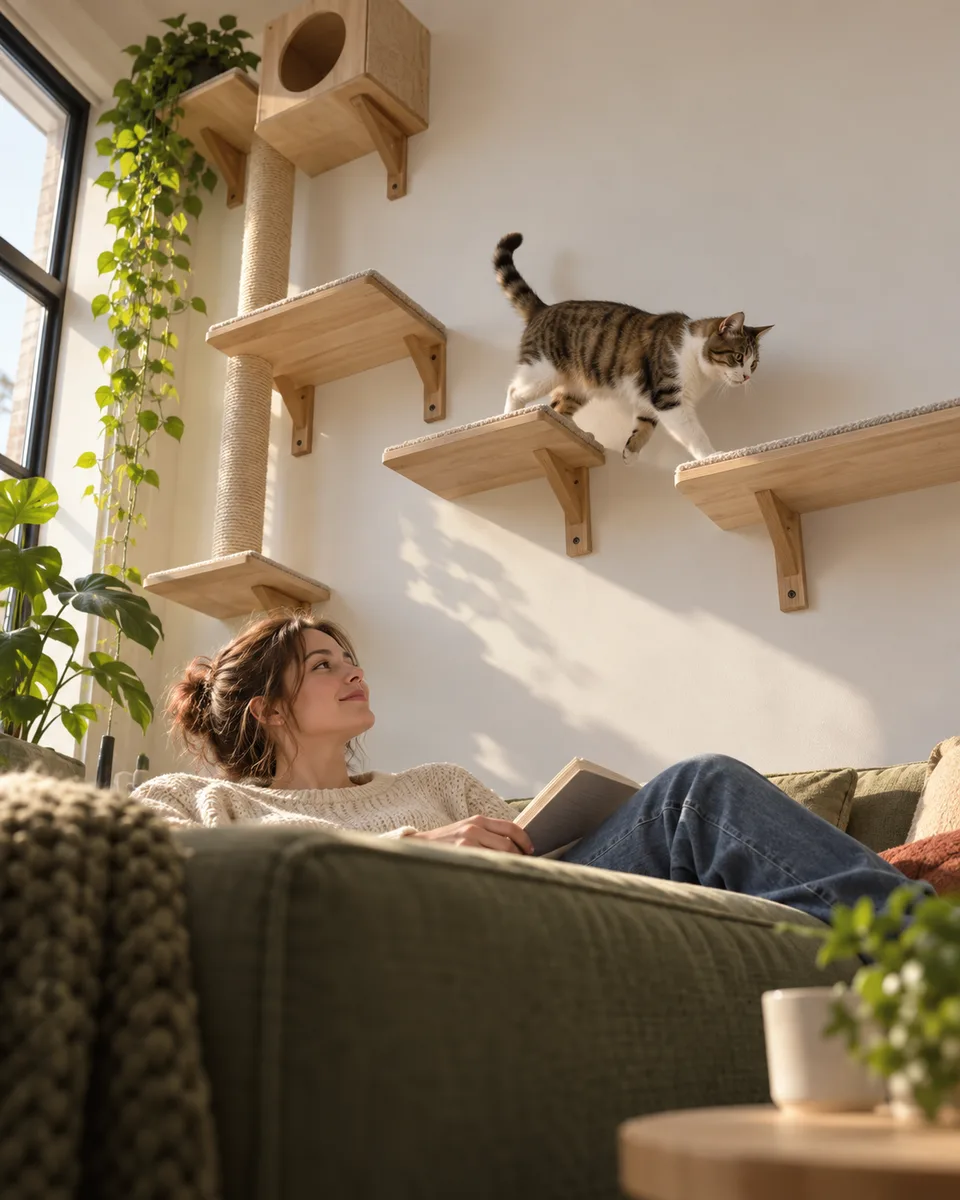 A cat crosses secure wall-mounted shelves while its owner reads on a sofa below.