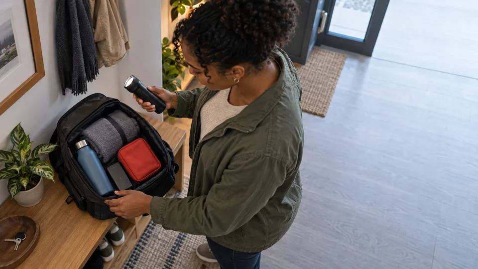 A woman checks a compact emergency bag with a flashlight, water bottle and simple supplies near the entrance.
