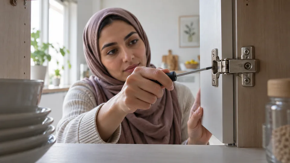 A woman steadies a cabinet door and tightens its hinge with a manual screwdriver, seen from inside the cabinet.