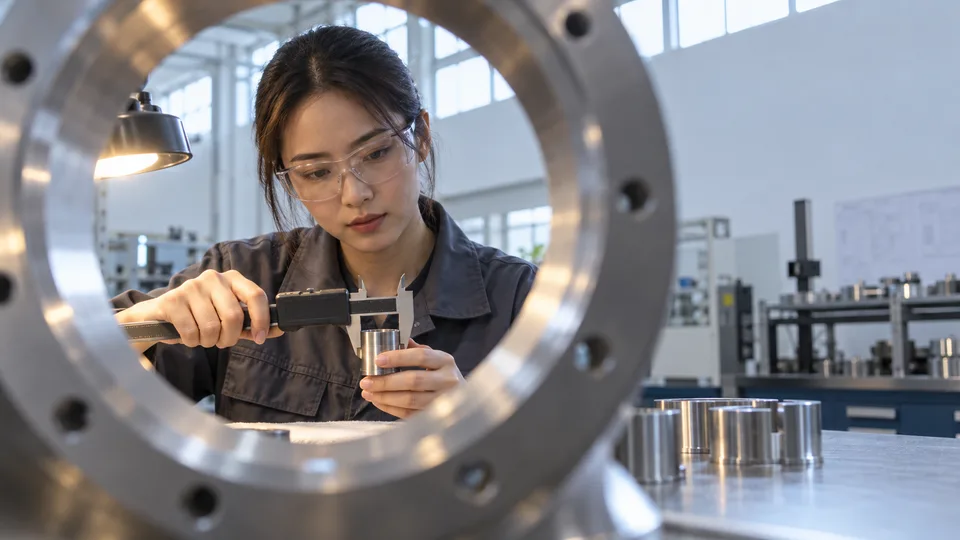 A technician measures a small machined part with calipers, framed through a larger metal ring at an inspection bench.