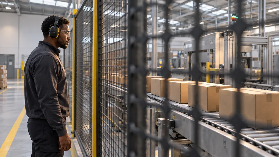A worker monitors plain cartons moving along an automated conveyor from behind a fixed safety fence.