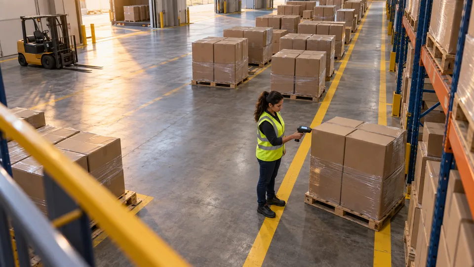 A warehouse worker checks a pallet in a marked pedestrian lane while a forklift remains parked at a distance.