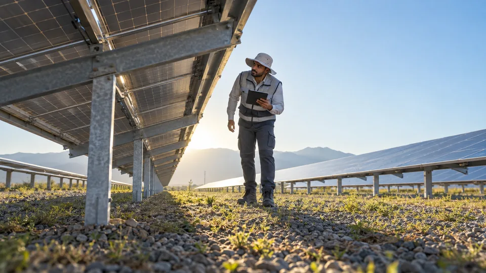 An inspector walks beneath the edge of ground-mounted solar panels while checking their alignment.