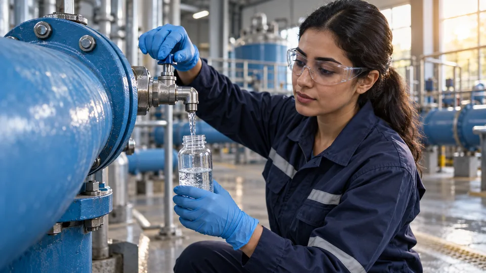 A water-treatment technician fills a clear sample bottle from a designated valve on a large blue pipe.