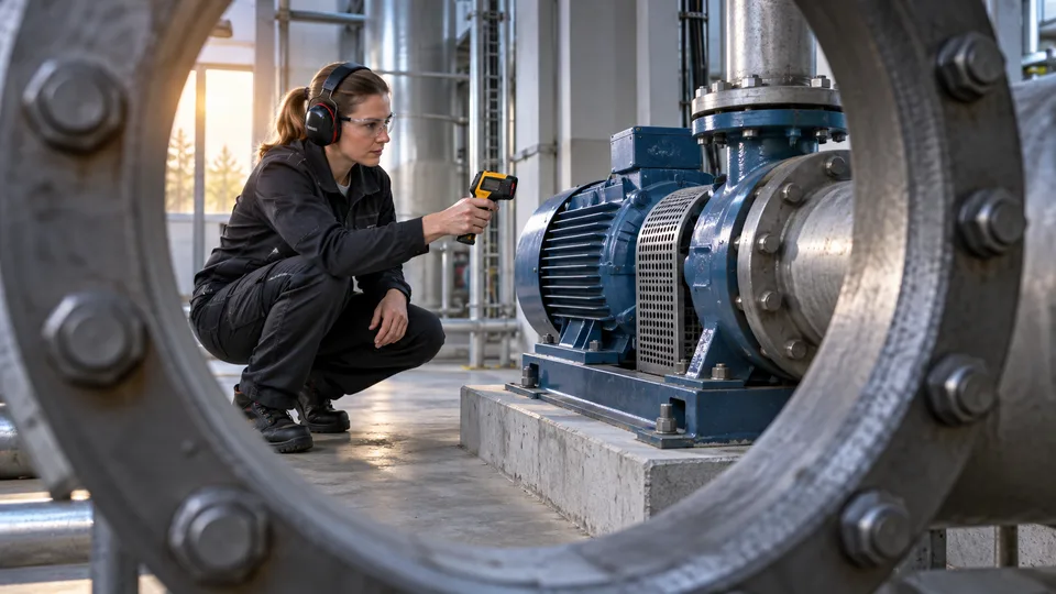 A technician aims an infrared thermometer at a guarded pump motor from a safe crouched position.